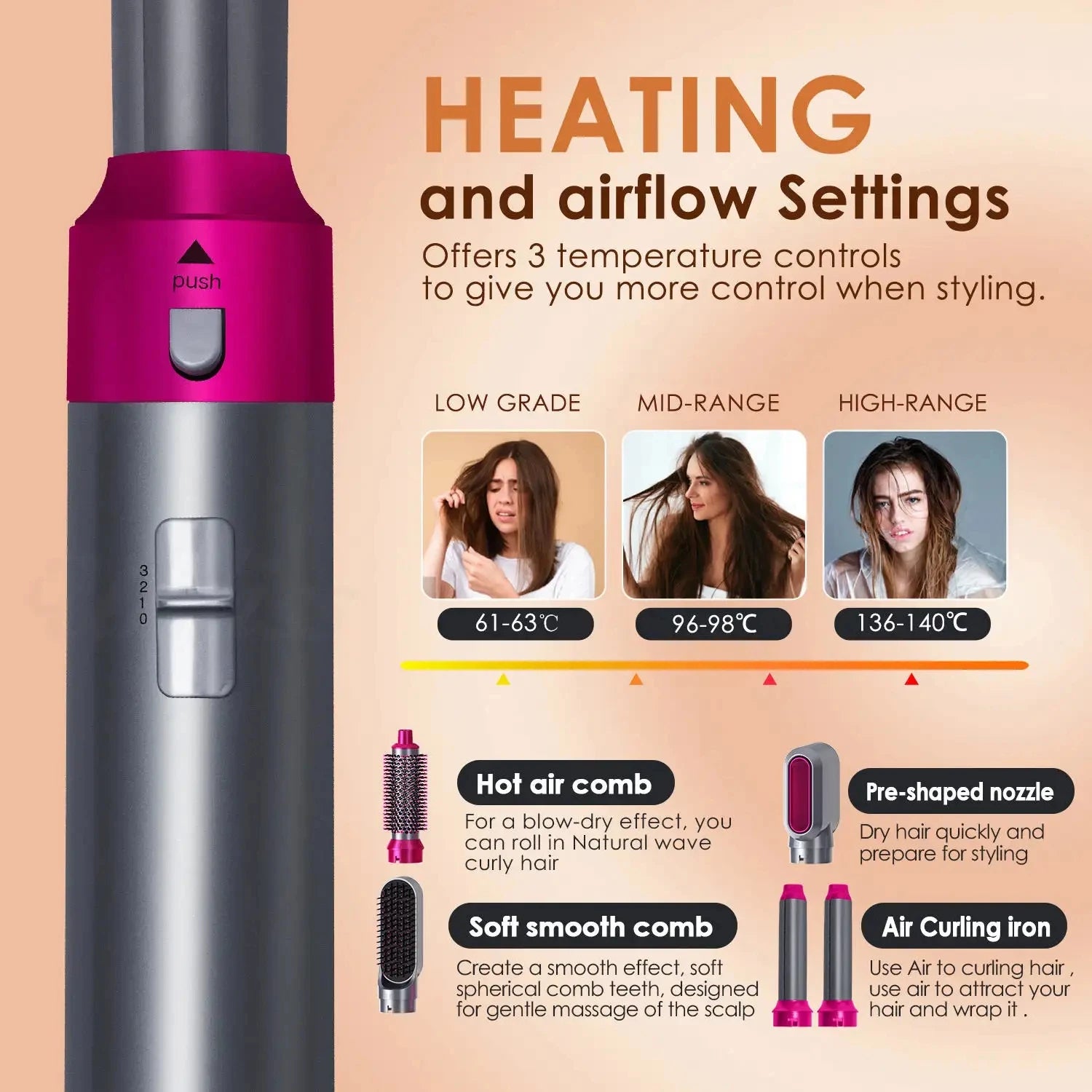 All in 1 Hair Styling Set – Hair Dryer, Straightener, Curling Iron & Hot Air Brush Combo